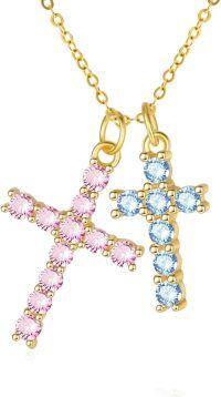 wholesale 14K Gold Sterling Silver Birthstone Double Cross Necklace for Women-10-12-Oct-Dec