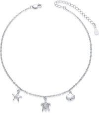 wholesale 925 Sterling Silver Charm Anklet with Starfish and Seashell Charms for Women Girls Beach  (Silver)-D-Turtle Starfish Shell