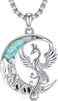 wholesale 925 Sterling Silver Phoenix in Turquoise Crescent Moon Pendant Necklace-Phoenix