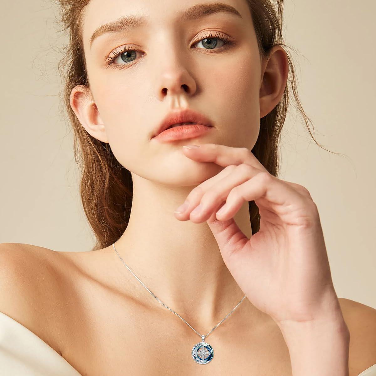 wholesale 925 Sterling Silver Compass & Celestial Elements Pendant Necklace with Blue Crystal and Stars Design-0-4