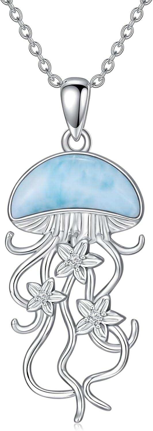 Sterling Silver Larimar Jellyfish Necklace for Women Ocean Jewelry Gift-0-0