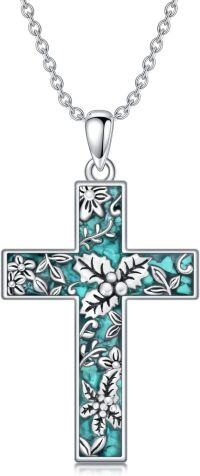 wholesale  Sterling Silver Turquoise Cross Necklace with Birth Flower Pendant -December