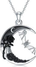 wholesale 925 Sterling Silver Crescent Moon Black Rose Bat Pendant Gothic Necklace -0-0