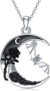 wholesale 925 Sterling Silver Crescent Moon Black Rose Bat Pendant Gothic Necklace -Bat Necklace