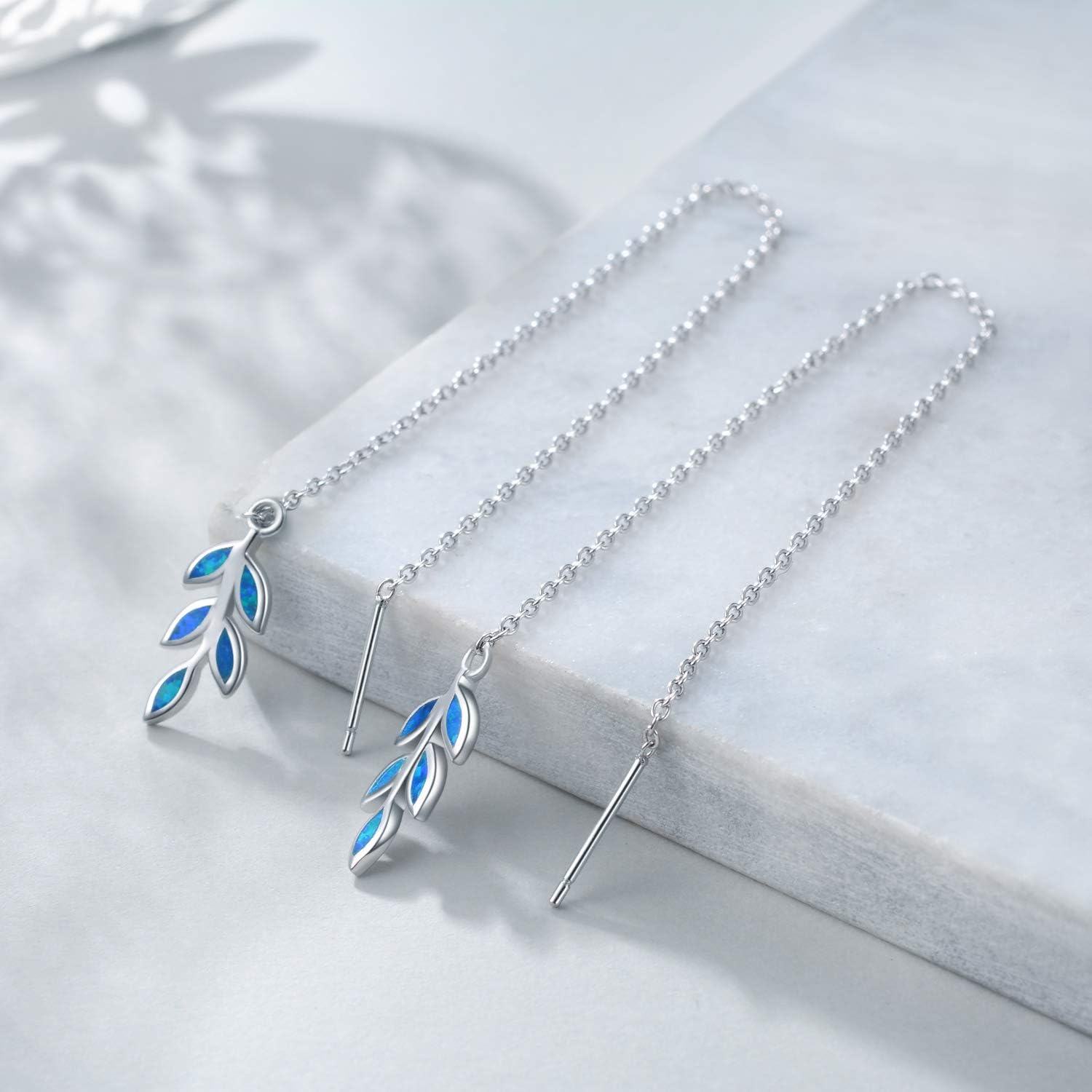 925 Sterling Silver Blue Opal Leaf Threader Drop Dangle Earrings for Women Girls Gift Jewelry Accessories 4cm Long Chain Minimalist Fashion Style Lightweight Hypoallergenic Safe Nickel Free Lead-Free Cadmium-Free-0-1