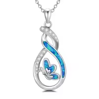 TOUPOP Sterling Silver Created Opal Infinity Butterfly Necklace-undefined