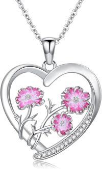wholesale 925 Sterling Silver Pink Carnation Birth Flower Heart Pendant Necklace for Women-10-October-Cosmos