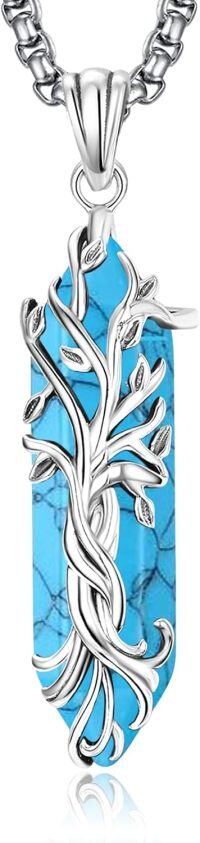 wholesale 925 Sterling Silver Turquoise Natural Stone Healing Crystal Tree of Life Pendant Necklace-L December