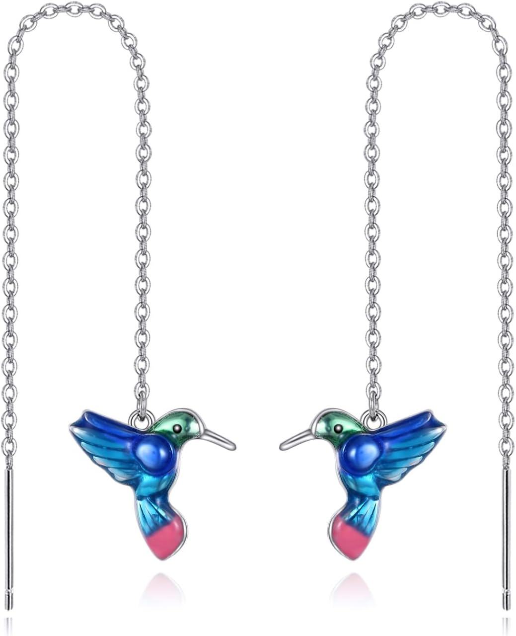 Sterling Silver Threader Earrings with Long Chains for Women Jewelry Gifts-Hummingbird Threader