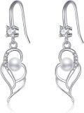 wholesale 925 Sterling Silver Heart-Shaped Pearl Drop Dangle Earrings for Women - Valentines & Mothers Day Gifts-0-0