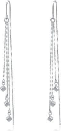 wholesale 925 Sterling Silver Threader Earrings with Tiny Cube Dangles and Chain Charms for Women-Tiny Cube