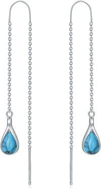 wholesale 925 Sterling Silver Turquoise Teardrop Threader Dangle Earrings for Women-A-Silver+turquoise