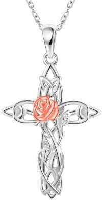wholesale 925 Sterling Silver Celtic Knot Cross Pendant with Pink Rose Flower and Chain - Christian  for Women-Rose Cross Necklace