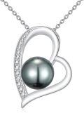 wholesale 925 Sterling Silver with Black Tahitian Pearl and Diamond Accent Heart Pendant Necklace for Women (9-9.5 mm)-0-0