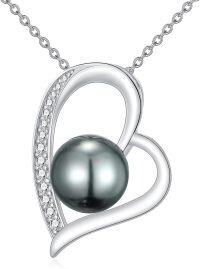 wholesale 925 Sterling Silver with Black Tahitian Pearl and Diamond Accent Heart Pendant Necklace for Women (9-9.5 mm)-Heart A