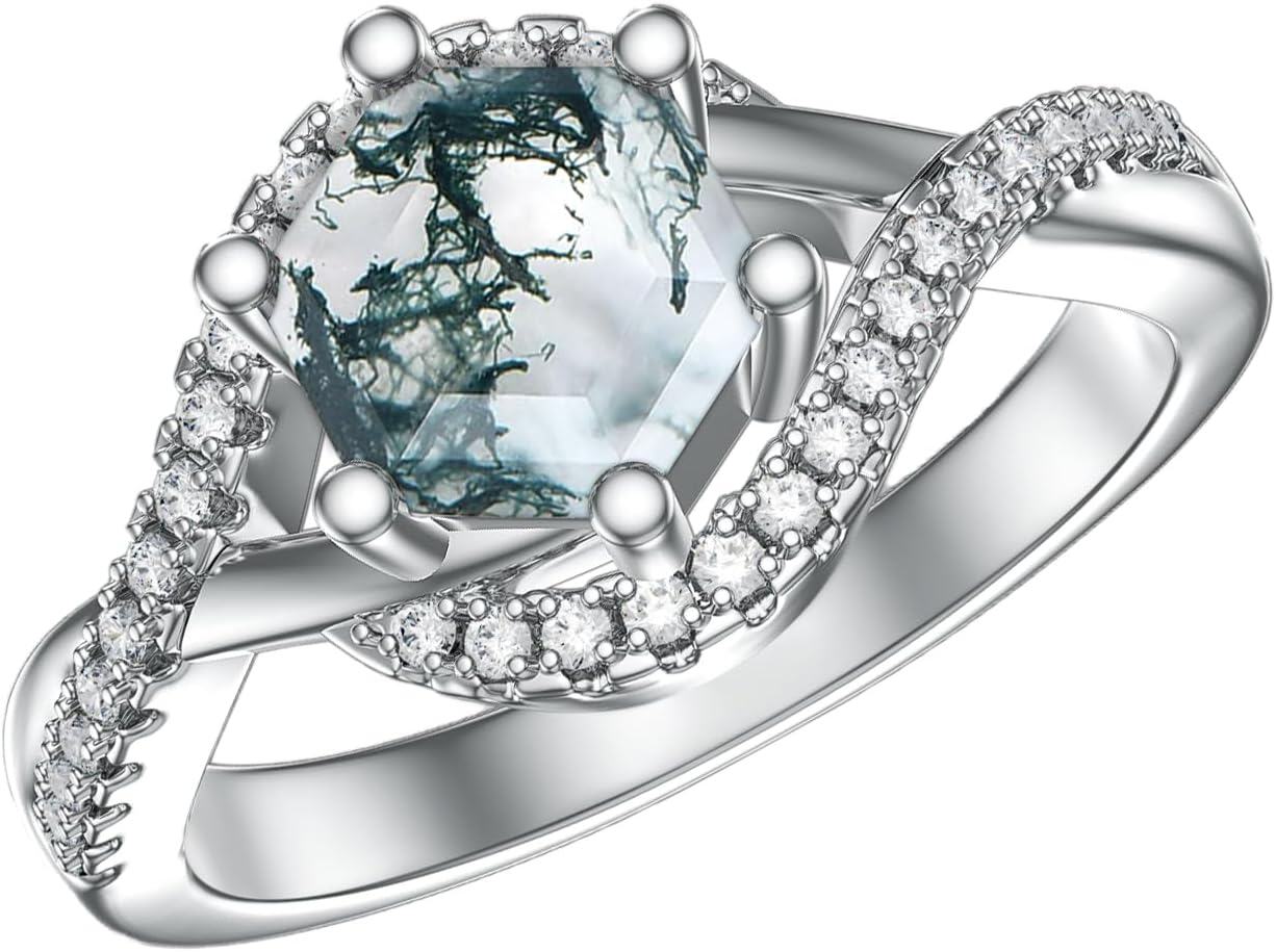 18K Gold Sterling Silver Moss Agate Hexagon Ring Unique Promise Engagement Ring for Women-9 Silver # 3