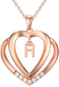 wholesale Sterling Silver Moissanite Heart Initial Pendant Necklace for Her-Rose Gold - H Initial
