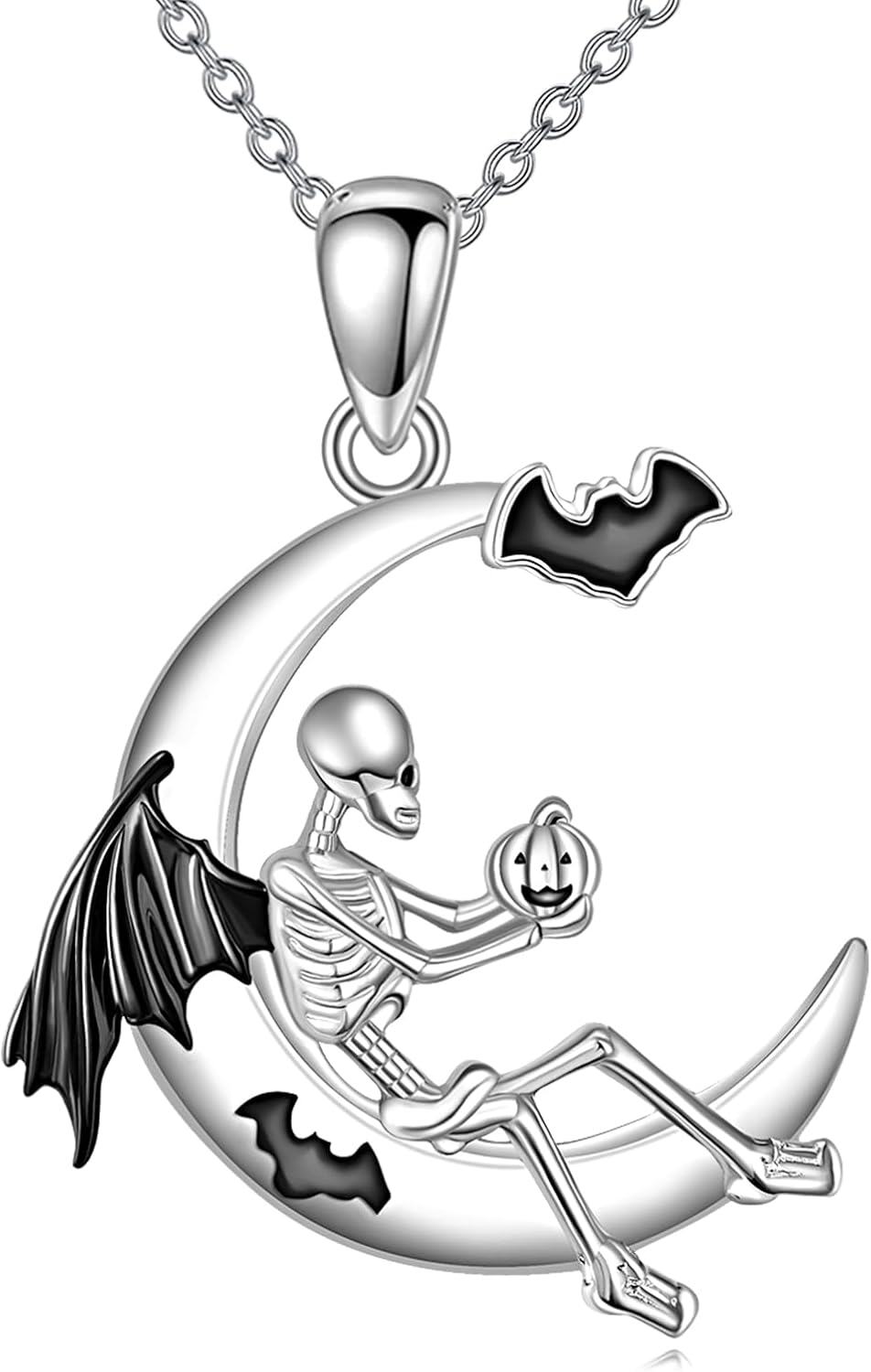  Sterling Silver Skull Bat Pendant Halloween Necklace Jewelry Gift -0-0