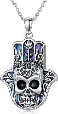 wholesale 925 Sterling Silver Skull Hamsa Hand Pendant with Abalone Shell and Lotus Flower Design on 18+2 Chain-Skull Hamsa