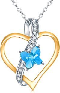 wholesale 14K White Gold CZ Blue Butterfly Heart Pendant Necklace for Women-Blue Crystal
