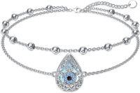 wholesale 925 Sterling Silver Evil Eye Teardrop Layered Anklet - Blue Crystal Gemstone Ankle Bracelets for Women Gifts-Evil Eye