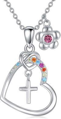 wholesale Gold Cubic Zirconia Cross Necklace Birthstone Jewelry for Women Baptism Communion Confirmation Gifts-10-pink tourmaline-Oct