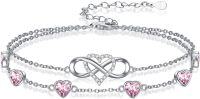 wholesale  925 Sterling Silver & Birthstone Crystal Infinity Heart Bracelet with Adjustable Chain for Women-10-Oct.-Pink T