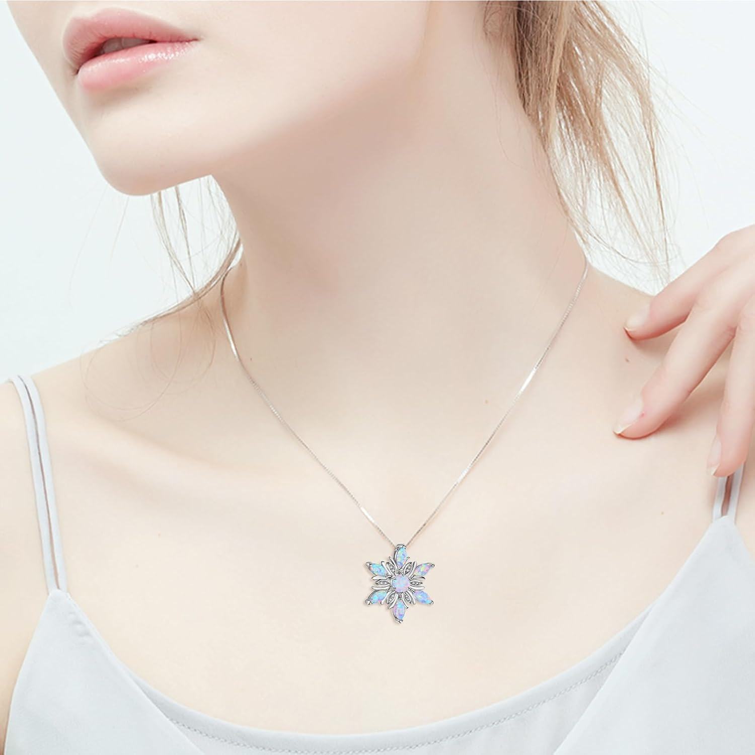 Sterling Silver Cubic Zirconia Opal Snowflake Necklace Winter Gift-0-2
