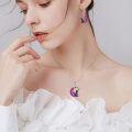 wholesale 925 Sterling Silver Purple Glitter Crescent Moon with Black Cat and Stars Leverback Earrings-0-2