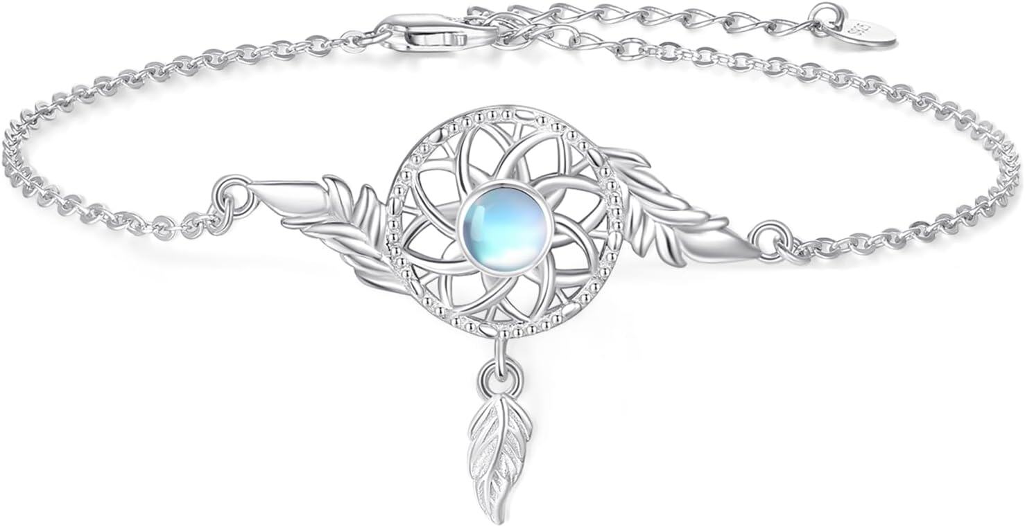 wholesale 925 Sterling Silver Moonstone Feather Dreamcatcher Adjustable Bracelet 8-14cm -0-0