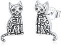 wholesale 925 Sterling Silver Gothic Cat Stud Earrings with Skeleton Design-0-0