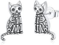 wholesale 925 Sterling Silver Gothic Cat Stud Earrings with Skeleton Design-Skeleton Cat