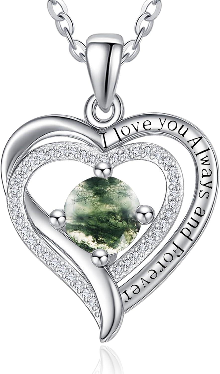 Sterling Silver White Gold Heart Pendant Necklace w Birthstone for Women-Moss Agate