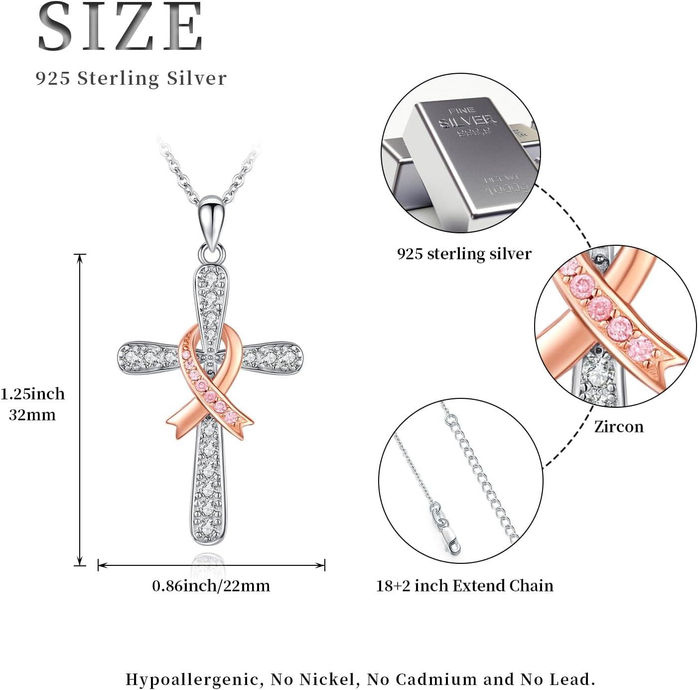 Sterling Silver Stone Breast Cancer Awareness Necklace Cross Dragonfly Pendant for Survivors-0-4