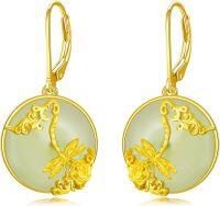 wholesale 14K Gold Plated Sterling Silver Round Natural Jade Earrings for Women-C-Dragonfly Flower-Gold