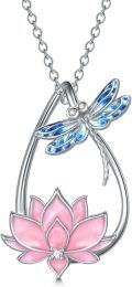 wholesale 925 Sterling Silver Dragonfly & Lotus Flower Pendant Necklace with Blue Enamel and Pink Stone Accents for Women Girls-0-0