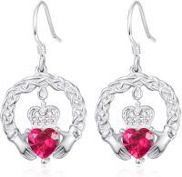 wholesale 925 Sterling Silver with Birthstone Claddagh Earrings for Women Irish Celtic Jewelry Gifts-01-January-Lab Created Garnet