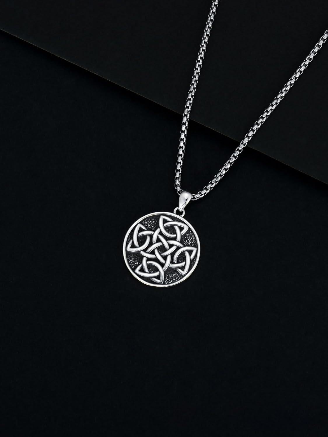 wholesale 925 Sterling Silver Celtic Knot Circle Pendant on Stainless Steel Rolo Chain Necklaces with Black Stone and Triquetra Design for Men & Women Christian  Ideas-0-3