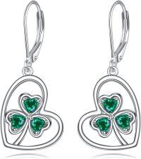 wholesale 925 Sterling Silver Green Crystal Shamrock Drop Earrings Irish Lucky Charm s for Her-Heart