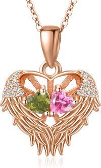 wholesale Sterling Silver 2 Birthstones Angel Wings Necklace for Women-08-10-Aug-Oct