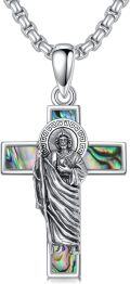 wholesale 925 Sterling Silver Saint Medal Cross Pendant with Abalone Shell Inlay and Chain - Religious Protection Amulet Jewelry for Men -0-0