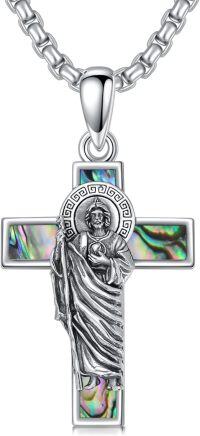 wholesale 925 Sterling Silver Saint Medal Cross Pendant with Abalone Shell Inlay and Chain - Religious Protection Amulet Jewelry for Men -St Jude Abalone Shell