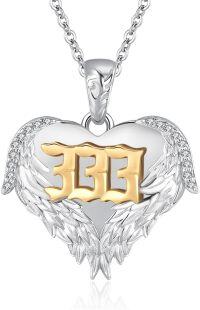 wholesale 925 Sterling Silver Angel Number 333 Heart Wings Pendant Necklace with Cubic Zirconia and Gold Plating on White Background-333