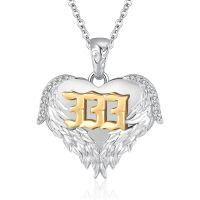 wholesale 925 Sterling Silver Angel Number 333 Heart Wings Pendant Necklace with Cubic Zirconia and Gold Plating on White Background-333