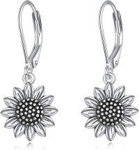wholesale 925 Sterling Silver Sunflower Drop Earrings with Leverbacks-Antiqued Sunflower Leverback Earrings