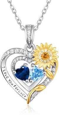 wholesale Sterling Silver 2 Birthstones Sunflower Heart Necklace for Women-09-12-Sept-Dec