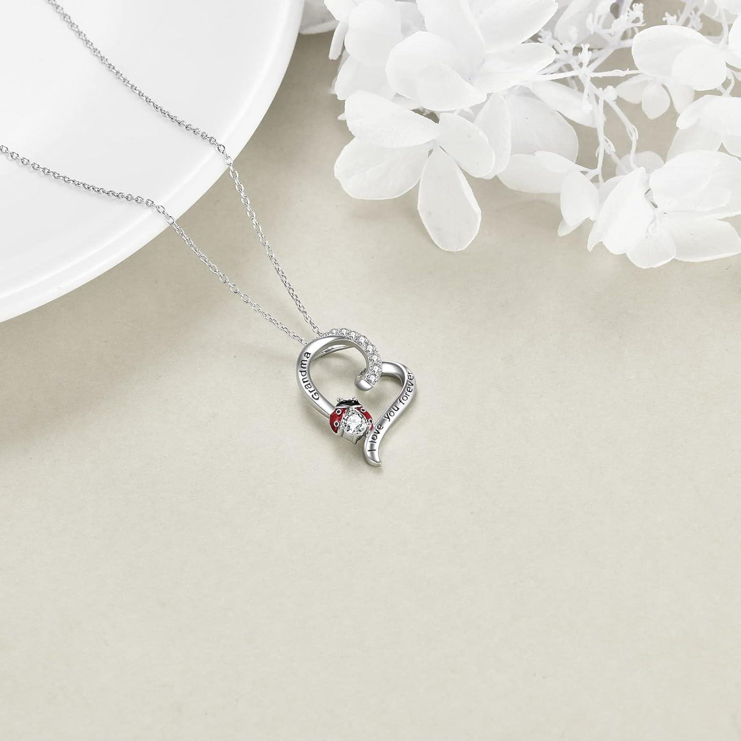 wholesale 925 Sterling Silver Heart-Shaped Ladybug Pendant Necklaces for Women and Girls - Grandma Gift I Love You Forever Jewelry Set-0-4