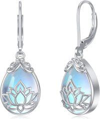 wholesale 925 Sterling Silver Lotus Flower Moonstone Drop Leverback Earrings-Lotus