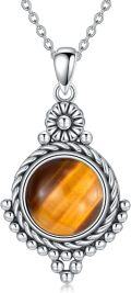 wholesale 925 Sterling Silver Tiger Eye Gemstone Pendant Necklace - Round Shape Bohemian Style  for Her-0-0