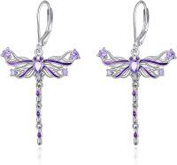 wholesale 925 Sterling Silver Purple Crystal Dragonfly Drop Earrings for Women Girls  4cm Long-Purple Dragonfly
